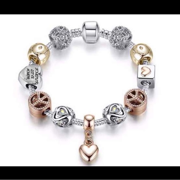 Women's Crystal Heart Charm Tri Color Bracelet - Picture 1 of 4